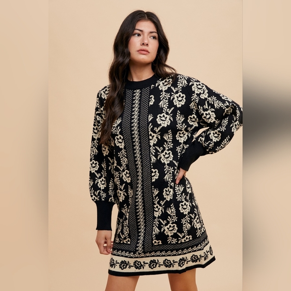 Annie Wear Floral Jacquard Round Neck Sweater Dress - Picture 3 of 7